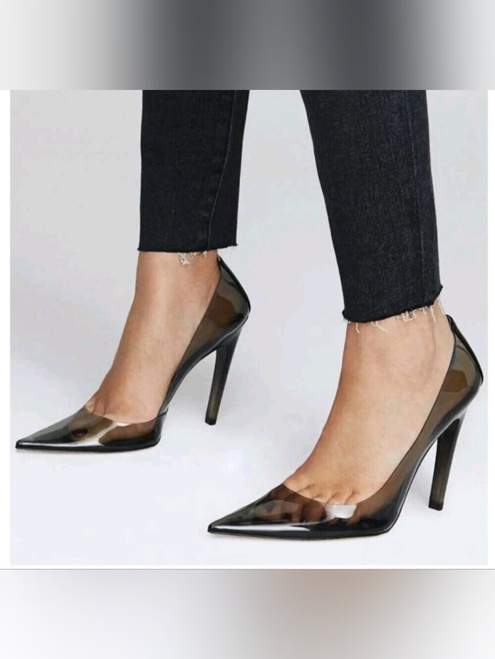 NIB Good American Clear PVC Pointed Toe Stiletto Pumps Black Smoke Heels